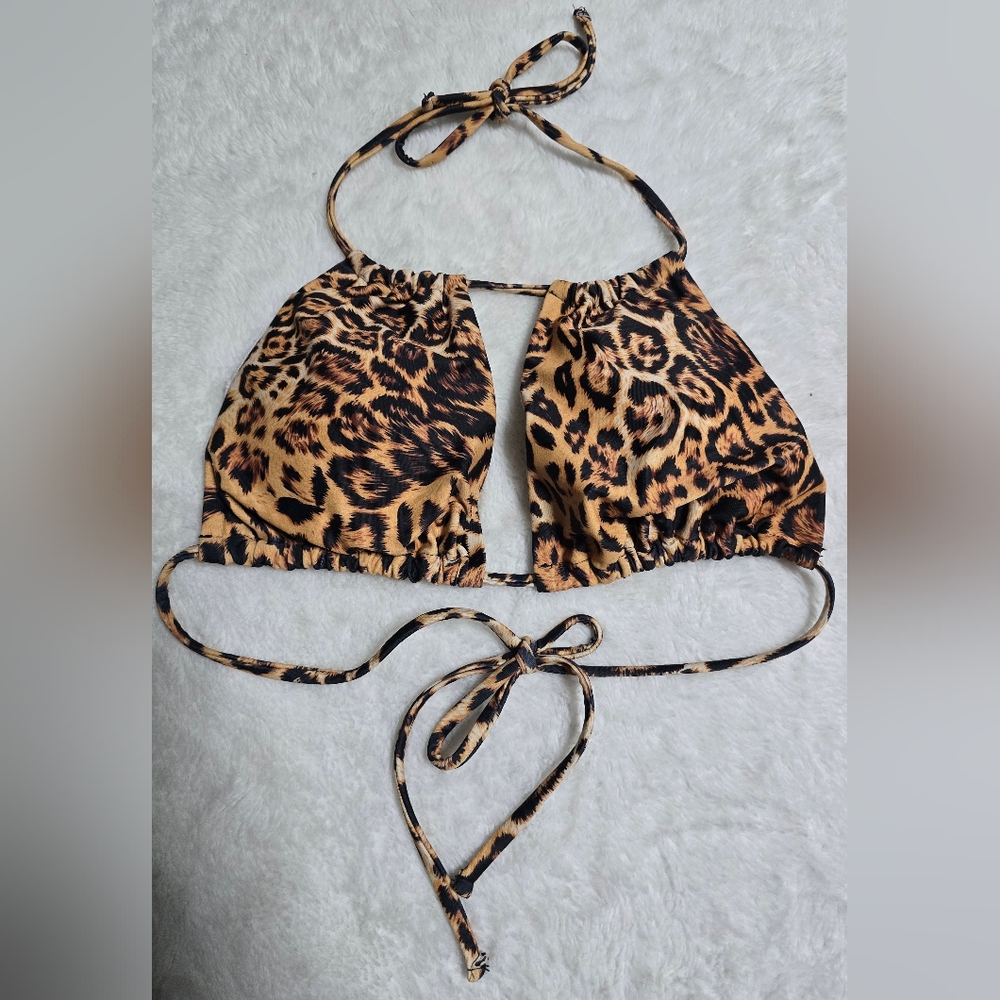 Leopard Bikini Top Size L Large String Neck Back … - image 4